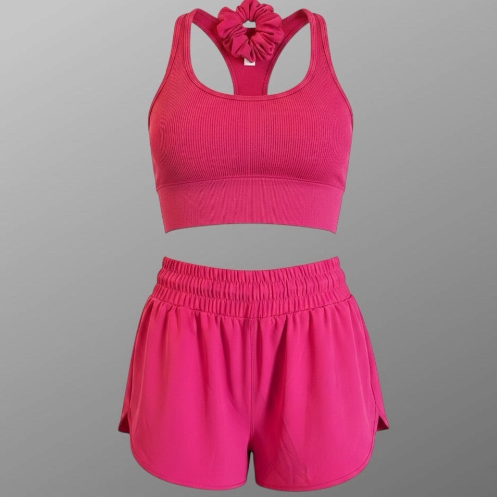 Women’s Hot Pink Ribbed Sports Bra & Shorts Set / Athletic Wear, NEW